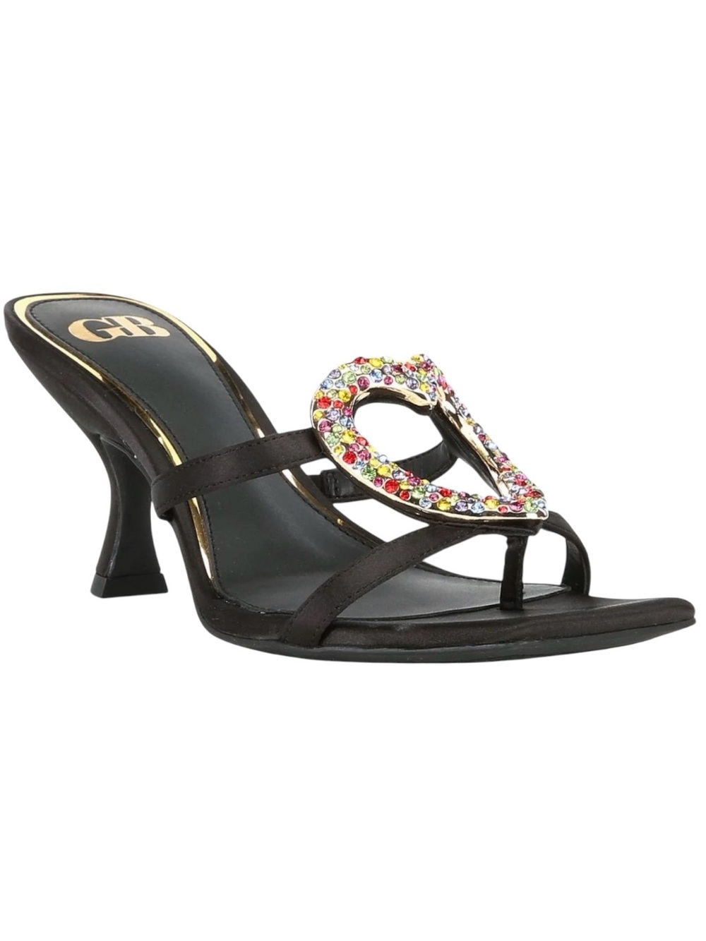 Gianni Bini dress sandals with heart rainbow rhinestone ornament.